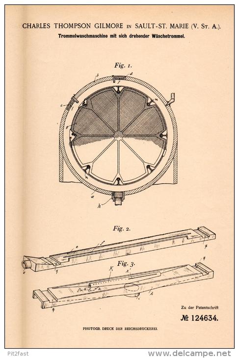 Original Patentschrift - Ch. Gilmore In Sault Ste Marie , 1900 , Drum Washing Machine , Ontario !!! - Tools