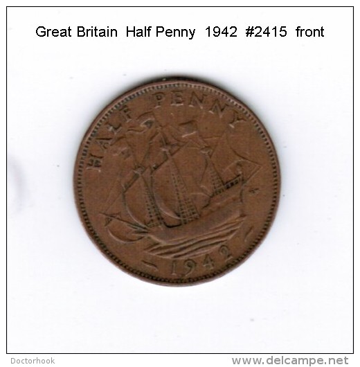 GREAT BRITAIN    1/2  PENNY  1942 (KM # 844) - C. 1/2 Penny