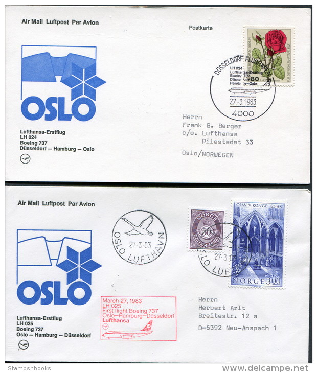 1983 Germany Norway Lufthansa First Flight  Dusseldorf - Oslo - Dusseldorf Cards X 2 - Covers & Documents