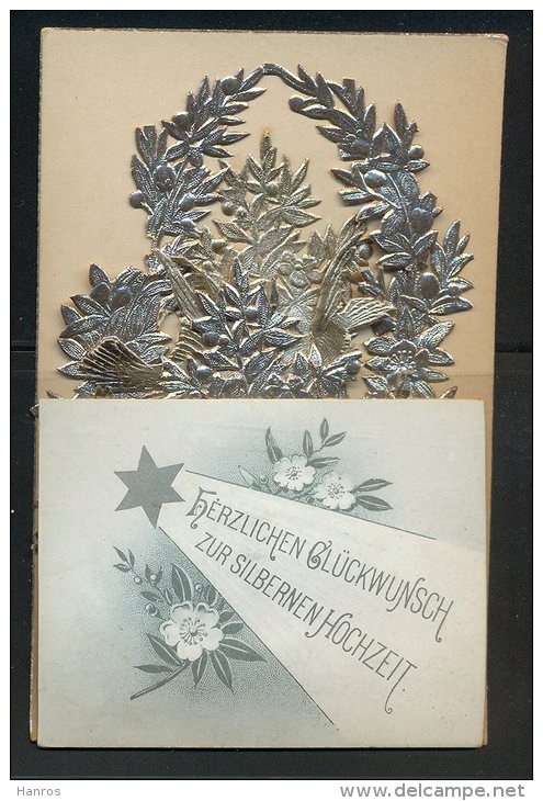 15 Juni 1894-, Herzlichen Glückwunsch Zur Silbernen Hochzeit,  Faltkarte Mit Silberdekoration Bestückt. - Mariage