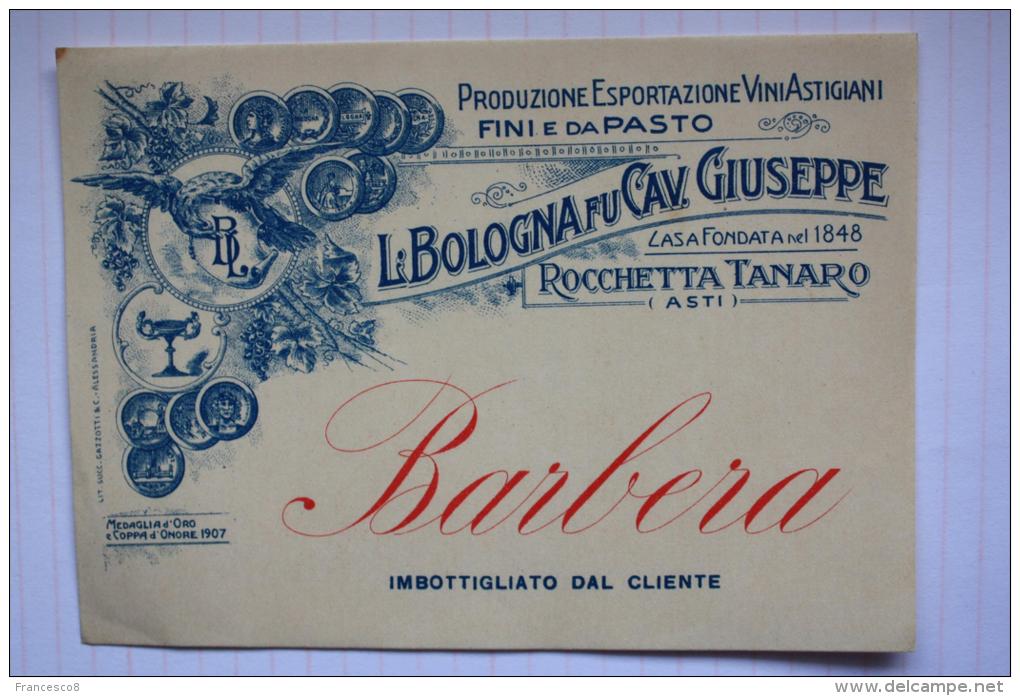 ETICHETTA VINI:  BARBERA L. BOLOGNA FU GIUSEPPE ROCCHETTA TANARO ASTI PRODUZIONE VINI ASTIGIANI FINI E DA PASTO - Art Nouveau