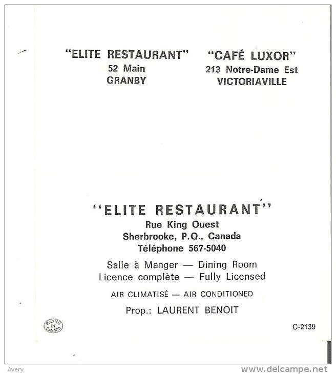 Restaurant Advertising Cards Cartes D'affaires Elite Restaurant, Sherbrooke, Quebec  Prop. Laurent Benoit  Granby - Other & Unclassified