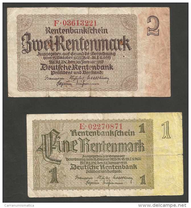 DEUTSCHLAND - Weimarer Republik - 1 & 2 RENTENMARK - Lot Of 2 Banknotes (Berlin 1937) - Sammlungen