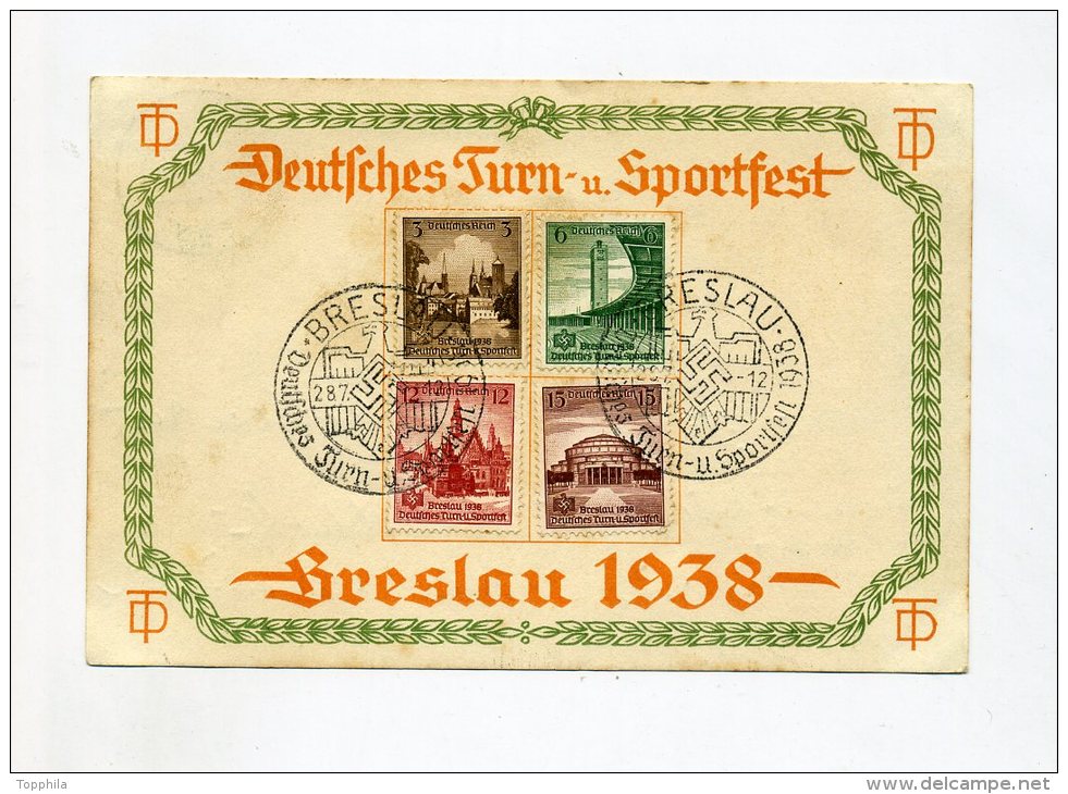 1938 3.Reich Mehrfarbiges Gedenkblatt Dt. Turn- Und Sportfest Breslau Mi 665-668 - Briefe U. Dokumente