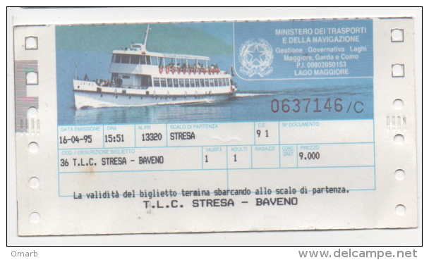 Alt343 Biglietto, Ticket, Billet, Battello Nave Bateau Ship Lago Maggiore Lake Lac Stresa Baveno Motonave 1995 - Europe