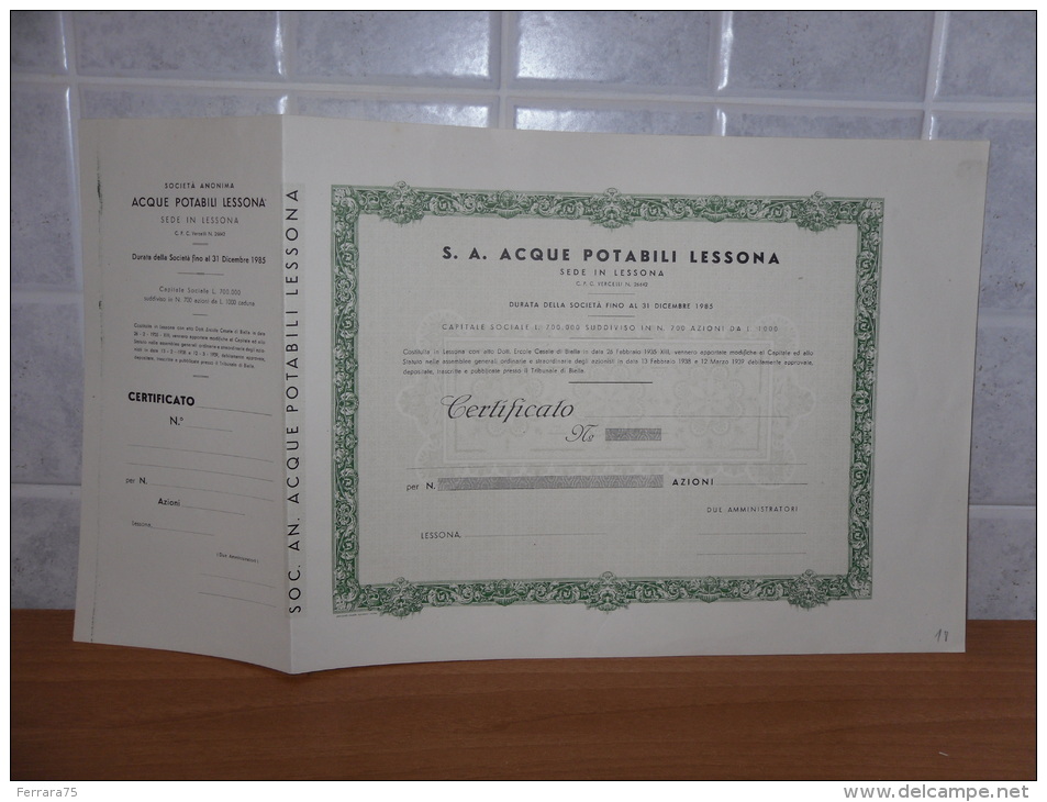 SCRIPOFILIA CERTIFICATO AZIONARIO ACQUE POTABILI LESSONA 1935 - Water