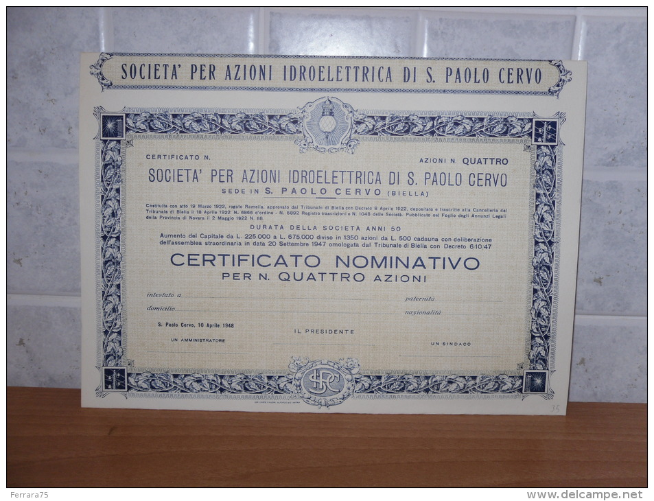 SCRIPOFILIA CERTIFICATO AZIONARIO SOCIETà PER AZIONI IDROELETTRICA DI S.PAOLO CERVO 1922 - Electricité & Gaz