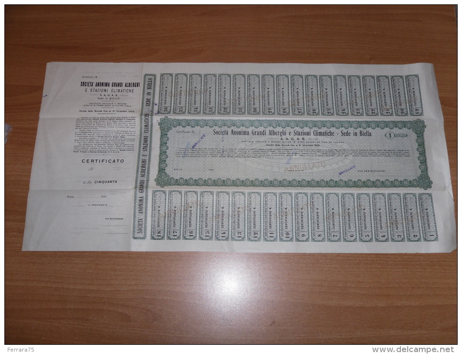 SCRIPOFILIA CERTIFICATO AZIONARIO SOCIETà ANONIMA BIELLA GRANDI ALBERGHI E STAZIONI CLIMATICHE - Altri & Non Classificati