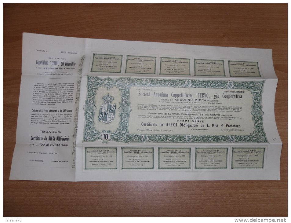 SCRIPOFILIA CERTIFICATO AZIONARIO ANDORNO MICCA SAGLIANO CAPPELLIFICIO CERVO 1931 - Altri & Non Classificati