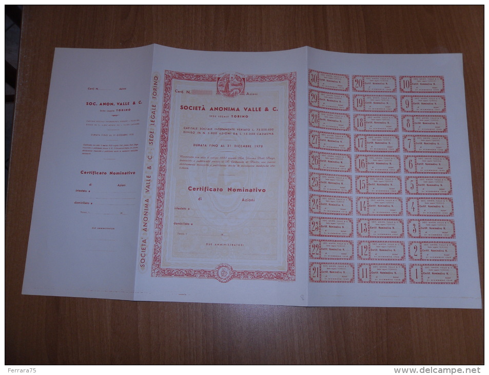 SCRIPOFILIA CERTIFICATO AZIONARIO SOCIETà ANONIMA VALLE & C.TORINO 1935 - Altri & Non Classificati