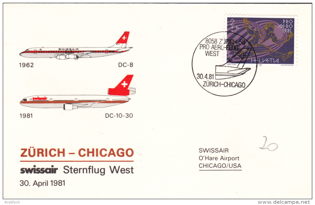 Erstflug Zurich Chicago 1981 - DC10 Swissair - 1er Vol Flight - USA - First Flight Covers