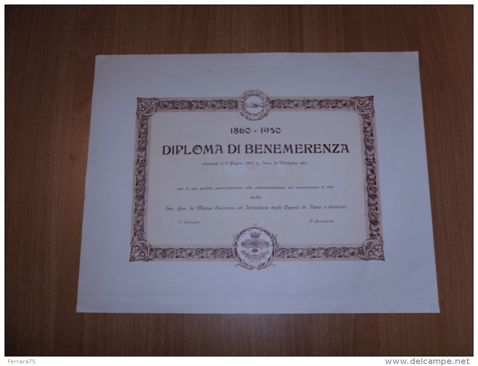 SCRIPOFILIA CERTIFICATO AZIONARIO DIPLOMA DI BENEMERENZA INTRA VERBANIA  1860-1950 - Altri & Non Classificati