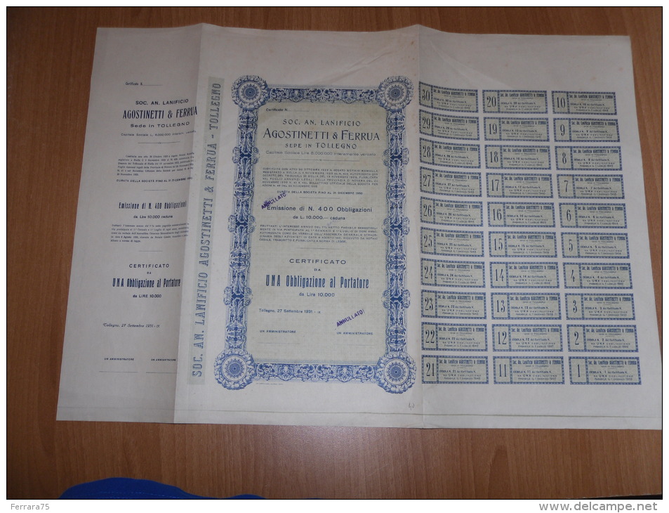 SCRIPOFILIA CERTIFICATO AZIONARIO SOCIETà ANONIMA LANIFICIO AGOSTINETTI & FERRUA TOLLEGNO 1931 - Altri & Non Classificati