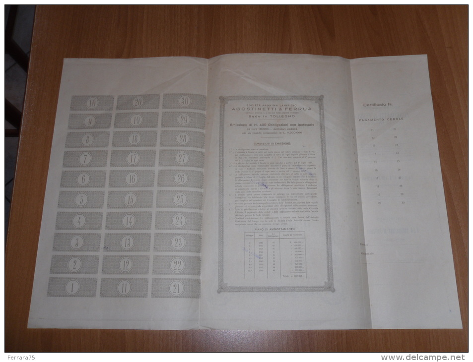 SCRIPOFILIA CERTIFICATO AZIONARIO SOCIETà ANONIMA LANIFICIO AGOSTINETTI & FERRUA TOLLEGNO 1931 - Altri & Non Classificati