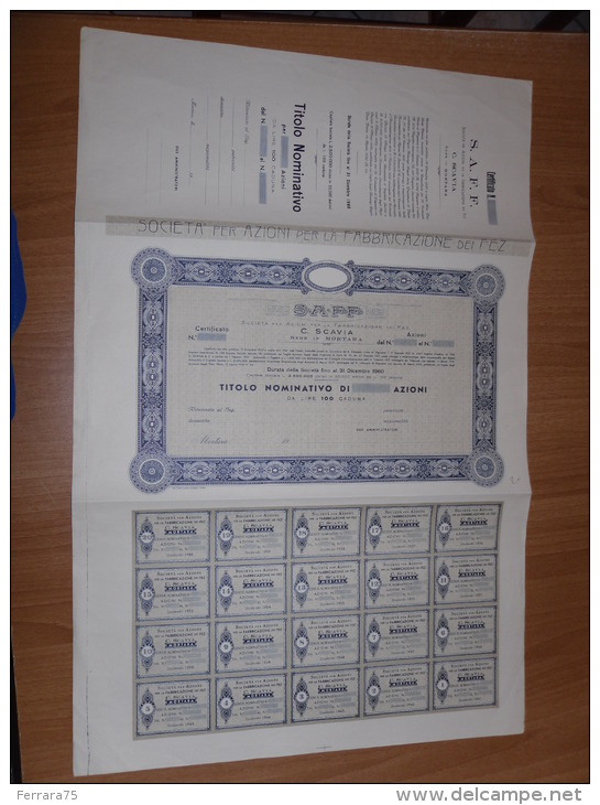 SCRIPOFILIA CERTIFICATO AZIONARIO SOCIETà ANONIMA FABBRIFICAZIONE DEI FEZ MORTARA 1920 - Altri & Non Classificati