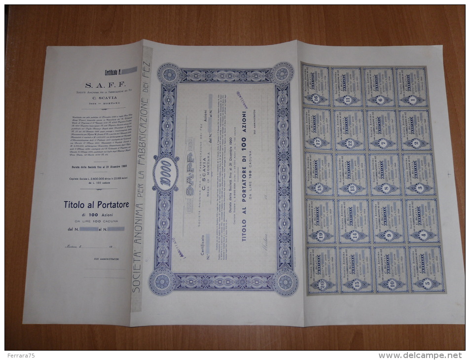 SCRIPOFILIA CERTIFICATO AZIONARIO SOCIETà ANONIMA FABBRIFICAZIONE DEI FEZ MORTARA 1920 - Altri & Non Classificati