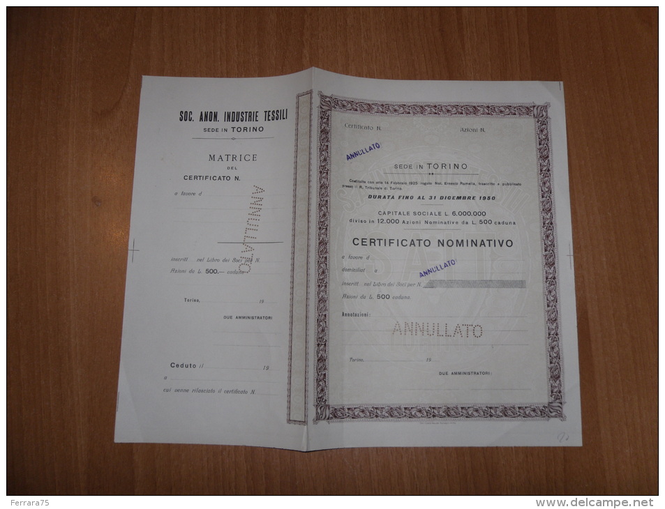 SCRIPOFILIA CERTIFICATO AZIONARIO CERTIFICATO NOMINATIVO TORINO 1925 - Altri & Non Classificati