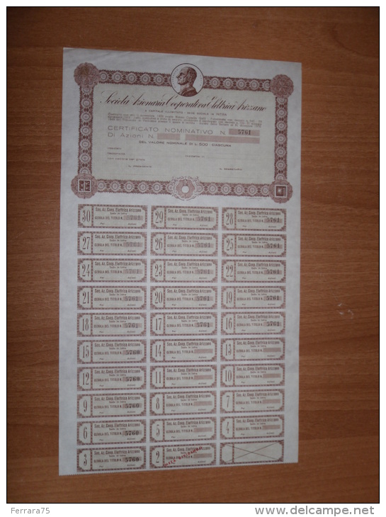 SCRIPOFILIA CERTIFICATO AZIONARIO SOCIETà AZIONARIA COOPERATIVA ELETTRICA ARIZZANO INTRA - Electricidad & Gas