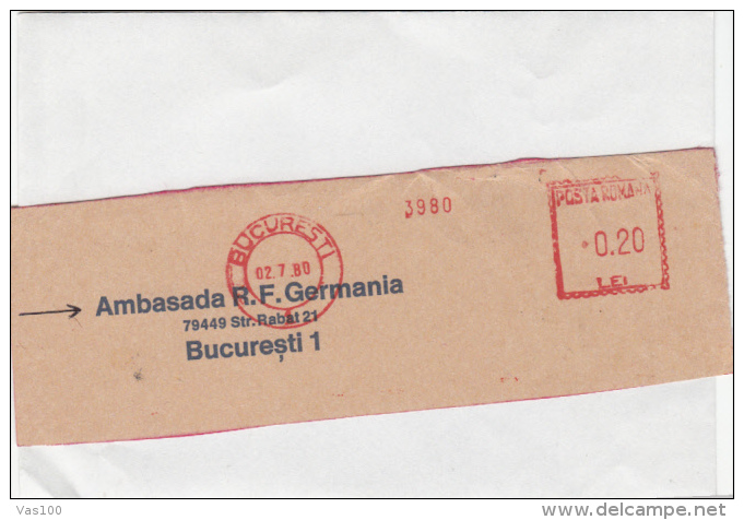 AMOUNT, BUCHAREST, GERMAN EMBASSY, MACHINE POSTMARKS ON FRAGMENT, 1980, ROMANIA - Frankeermachines (EMA)