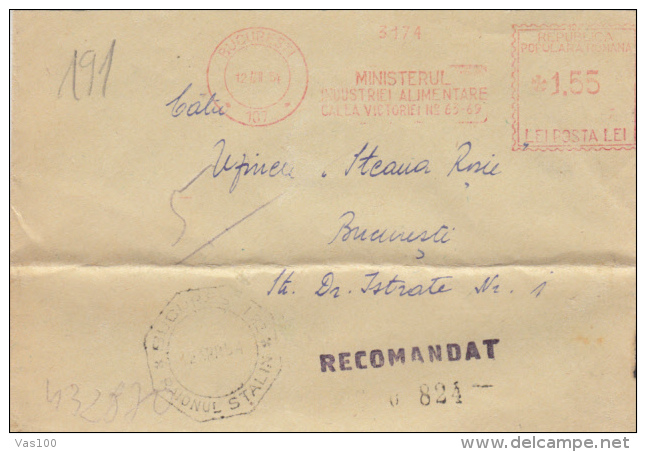 AMOUNT, BUCHAREST, INDUSTRY MINISTERY, REGISTERED, MACHINE POSTMARKS ON COVER, 1954, ROMANIA - Machines à Affranchir (EMA)