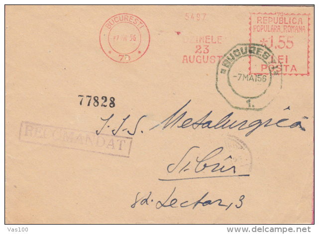 AMOUNT, BUCHAREST, FACTORY, REGISTERED, MACHINE POSTMARKS ON COVER, 1956, ROMANIA - Machines à Affranchir (EMA)