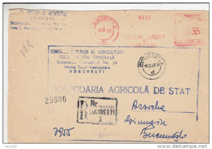 AMOUNT, BUCHAREST, STATE AGRICULTURE, REGISTERED, MACHINE POSTMARKS ON COVER, 1965, ROMANIA - Franking Machines (EMA)