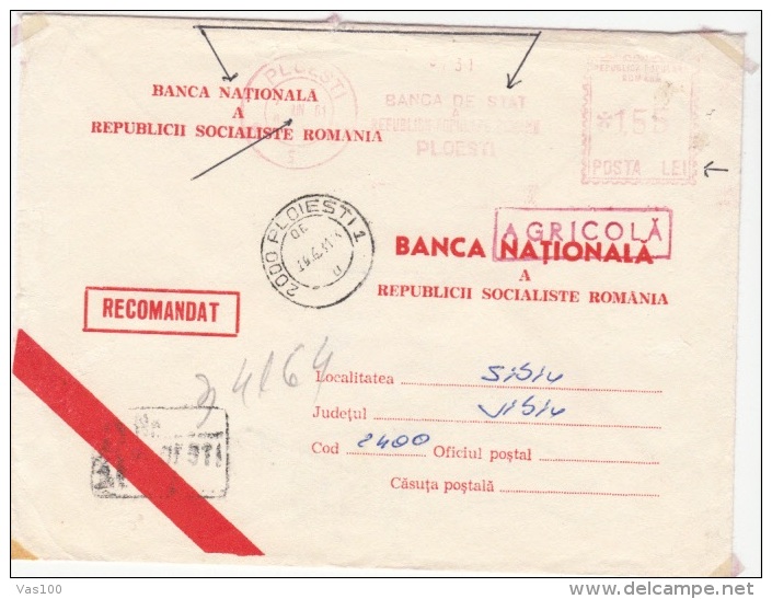 AMOUNT, PLOIESTI, NATIONAL BANK, REGISTERED, MACHINE POSTMARKS ON COVER, 1961, ROMANIA - Franking Machines (EMA)