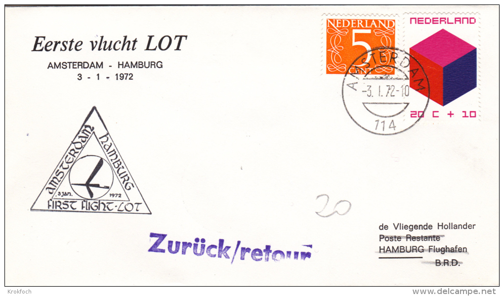 1er Vol  Amsterdam Hamburg 1972 - Erstflug - First Flight - LOT - Poste Aérienne