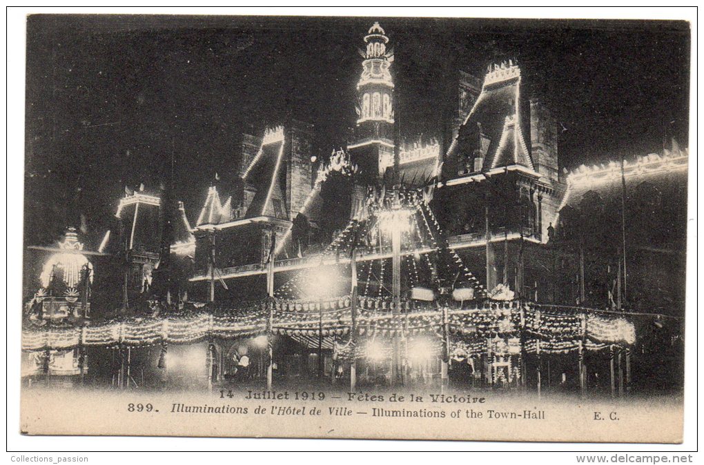 CP, 75, PARIS, 14 Juillet 1919 - Fêtes De La Victoire, Illuminations De L'Hôtel De Ville, Voyagé - París La Noche