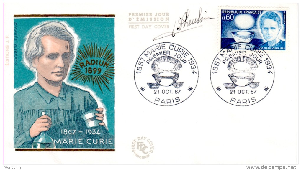 France FDC Autographed, Designed And Engraved By  Jean Pheulpin  "Marie Sklodowska Curie-Radium  "  1967 - Atom