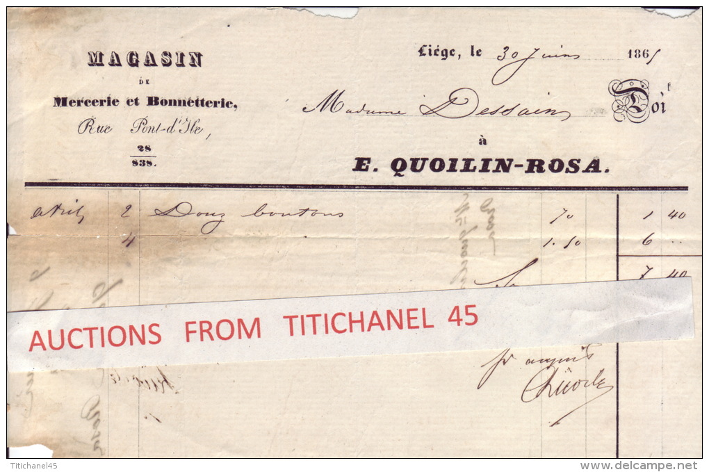 Facture De 1866 LIEGE - E. QUOILIN-ROSA Rue Pont D´Ile - Magasin De Mercerie & Bonneterie - Other & Unclassified