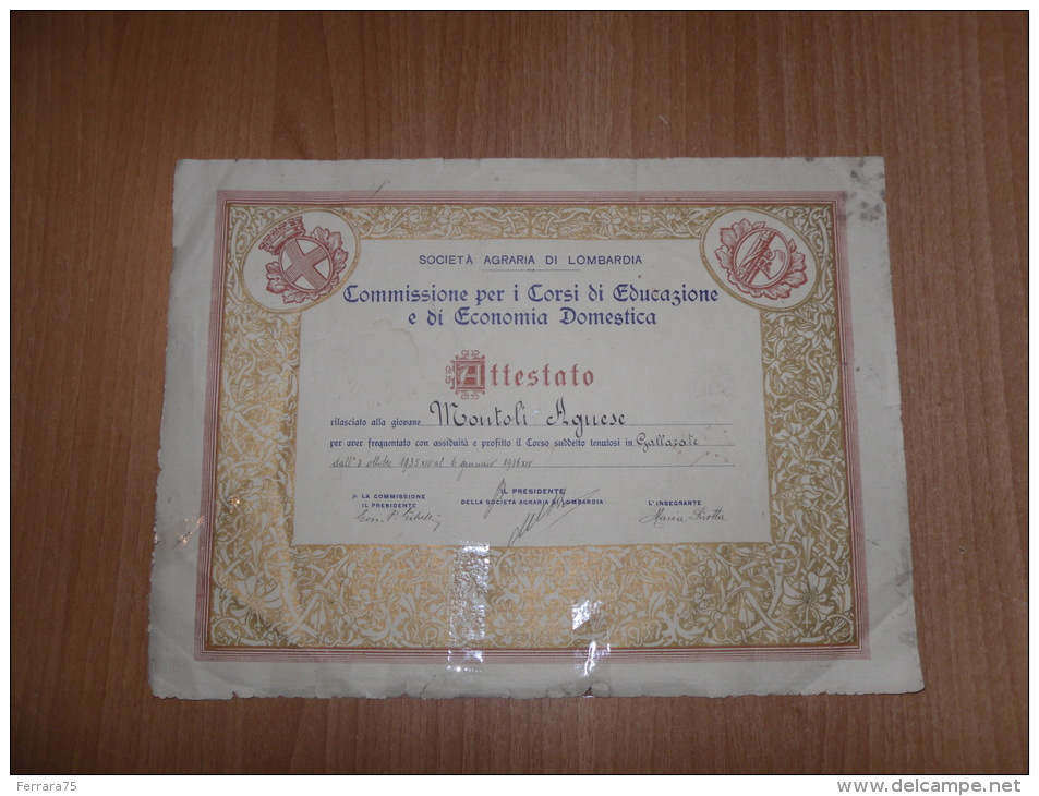 LOMBARDIA GALLARATE DIPLOMA FASCISTA SOCIETà AGRARIA LOMBARDIA 1936 - Diplomas Y Calificaciones Escolares