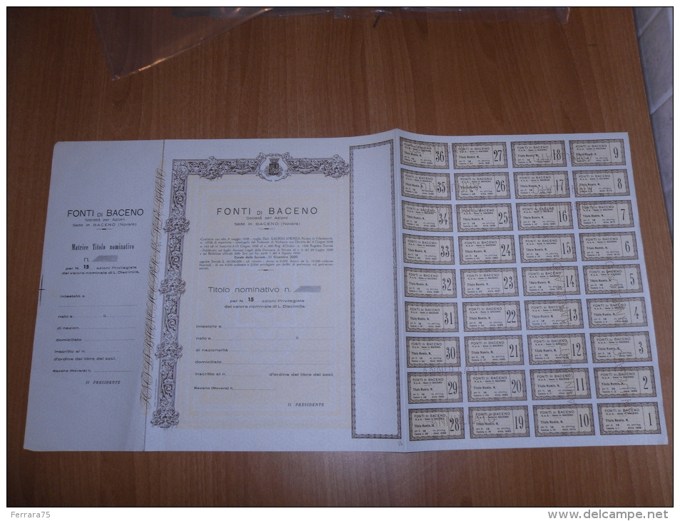 SCRIPOFILIA CERTIFICATO AZIONARIO SOCIETà PER AZIONI FONTI DI BACENO NOVARA 1958 - Acqua