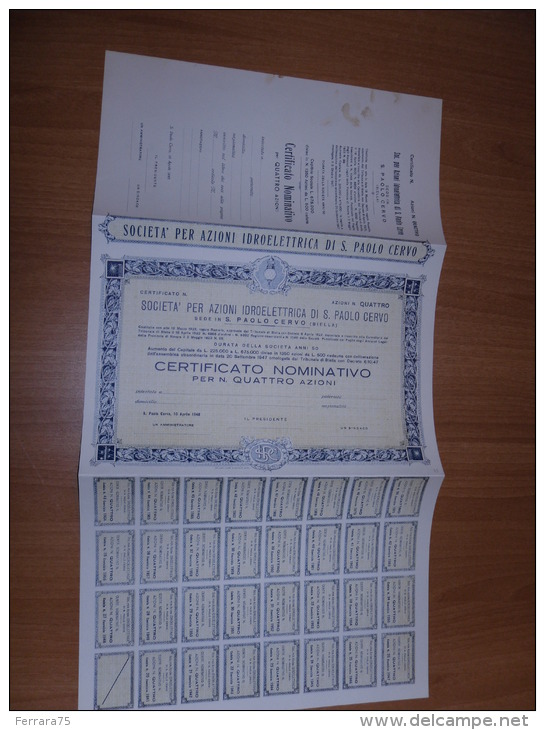 SCRIPOFILIA CERTIFICATO AZIONARIO SOCIETà PER AZIONI IDROELETTRICA DI S.PAOLO CERVO BIELLA 1922 - Water