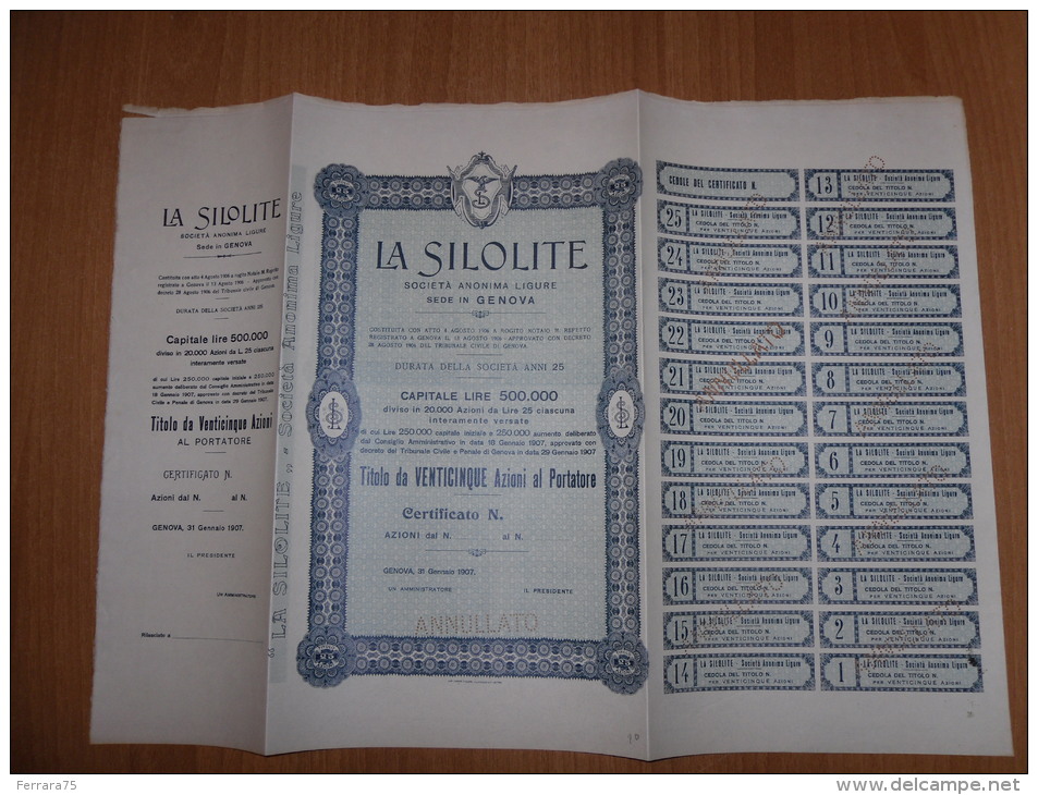 SCRIPOFILIA CERTIFICATO AZIONARIO SOCIETà ANONIMA LIGURE LA SILOLITE GENOVA 1907 - Water