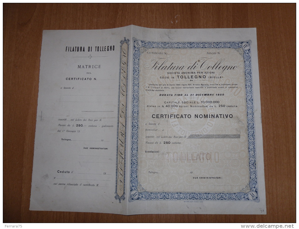 SCRIPOFILIA CERTIFICATO AZIONARIO SOCIETà ANONIMA PER AZIONI FILATURA DI COLLEGNO BIELLA 1900 - Altri & Non Classificati