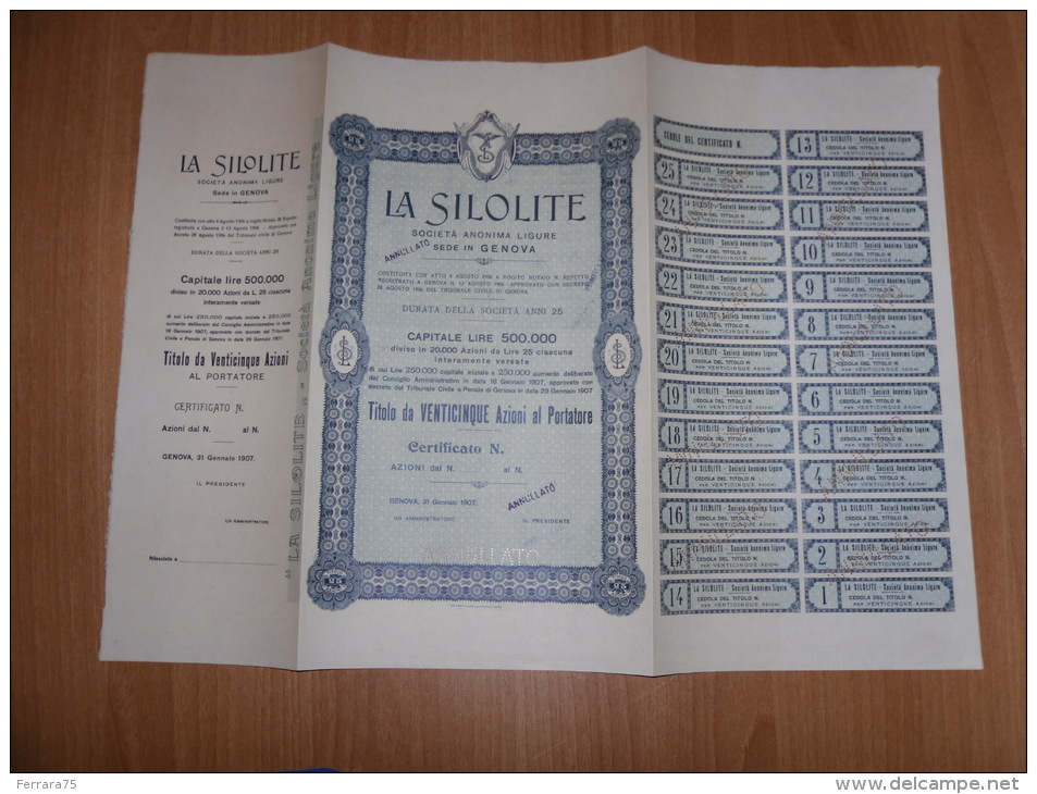 SCRIPOFILIA CERTIFICATO AZIONARIO SOCIETà ANONIMA LIGURE LA SILOLITE GENOVA 1907 - Altri & Non Classificati