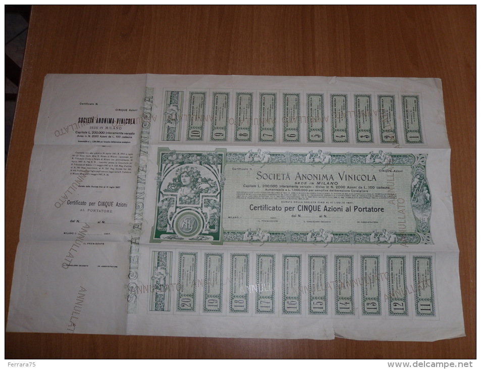 SCRIPOFILIA CERTIFICATO AZIONARIO SOCIETà ANONIMA VINICOLA MILANO 1907 - Altri & Non Classificati