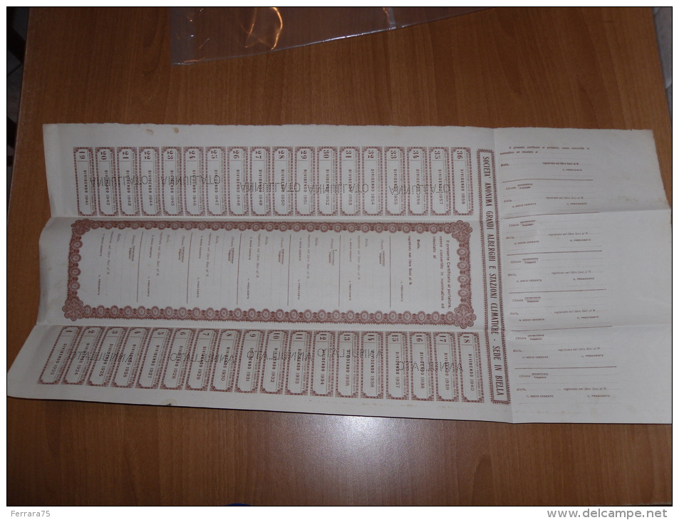 SCRIPOFILIA CERTIFICATO AZIONARIO SOCIETà ANONIMA GRANDI ALBERGHI E STAZIONI CLIMATICHE BIELLA 1923 - Altri & Non Classificati