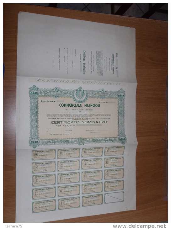 SCRIPOFILIA CERTIFICATO AZIONARIO SOCIETà PER AZIONI COMMERCIALE FRANCIOLI VERBANIA INTRA 1942 - Altri & Non Classificati