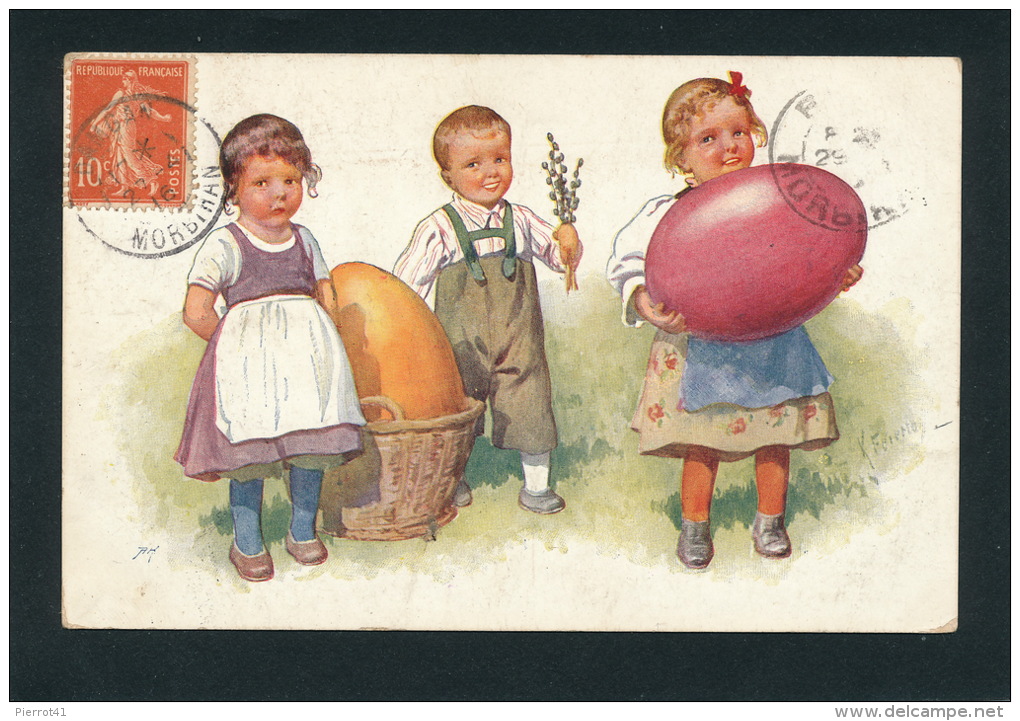 ENFANTS - LITTLE GIRL - MAEDCHEN  - Jolie Carte Fantaisie Viennoise Enfants Avec Oeufs De PAQUES Signée FEIERTAG - Pâques