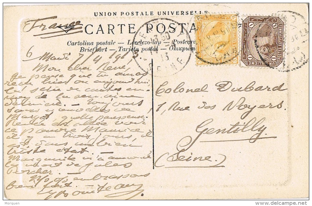 4484. Postal CAIRO (Egypt) Egipto 1913 A Francia. Camelleros - 1866-1914 Khédivat D'Égypte