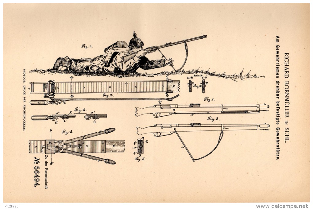 Original Patentschrift - R. Bornmüller In Suhl I.Th., 1890 , Gewehrstütze , Gewehr , Reichswehr , Wehrmacht , Heer !!! - Documents