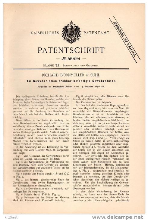 Original Patentschrift - R. Bornmüller In Suhl I.Th., 1890 , Gewehrstütze , Gewehr , Reichswehr , Wehrmacht , Heer !!! - Documents