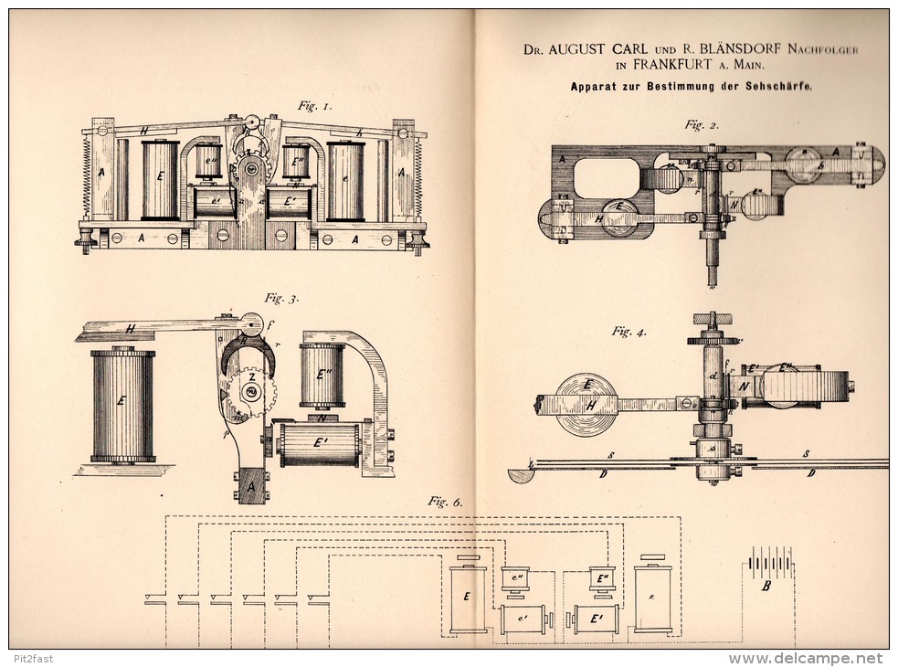 Original Patentschrift - Dr. A. Carl Und R. Blänsdorf In Frankfurt A.M., 1890 , Sehschärfe - Apparat , Augenarzt , Auge - Historische Dokumente