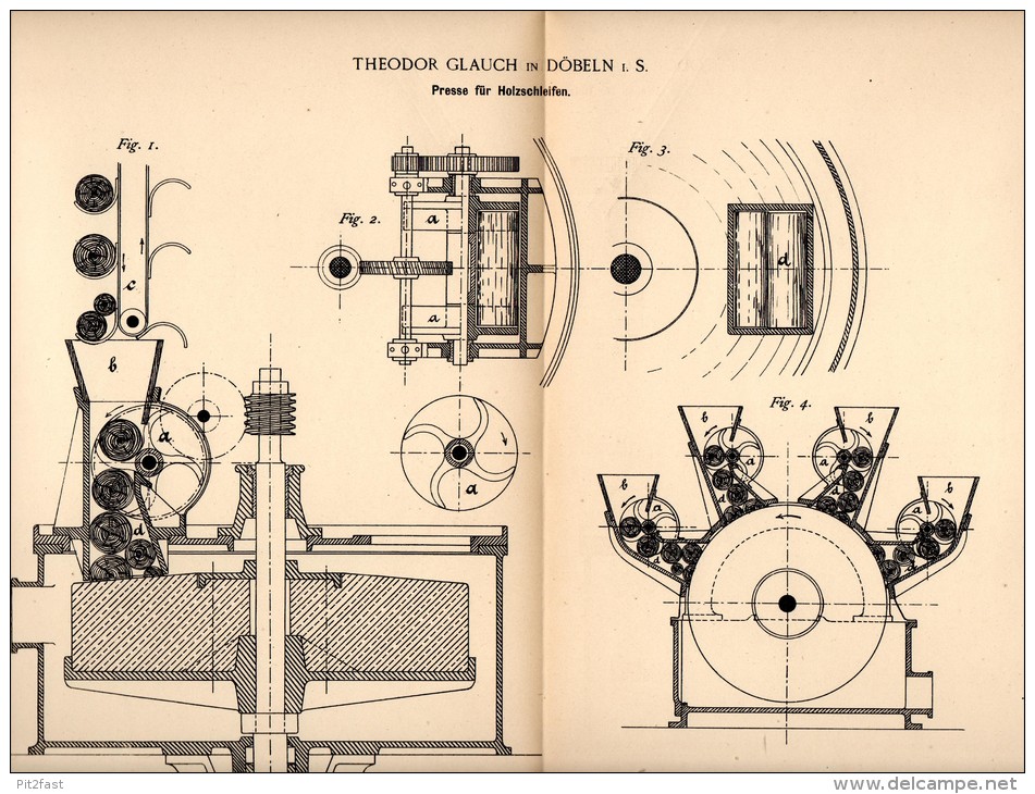 Original Patentschrift - Th. Glauch In Döbeln I.S., 1890 , Presse Für Holzschleifen , Papier , Papierfabrik !!! - Maschinen