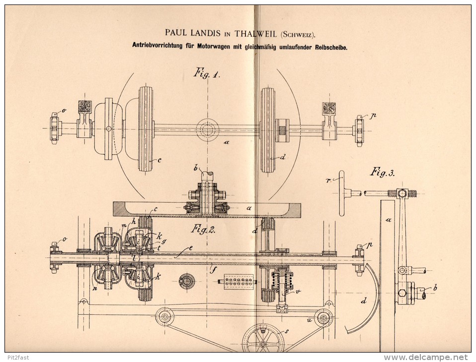 Original Patentschrift - P. Landis In Thalweil , 1900 , Antrieb Für Motorwagen , Automobile !!! - Voitures