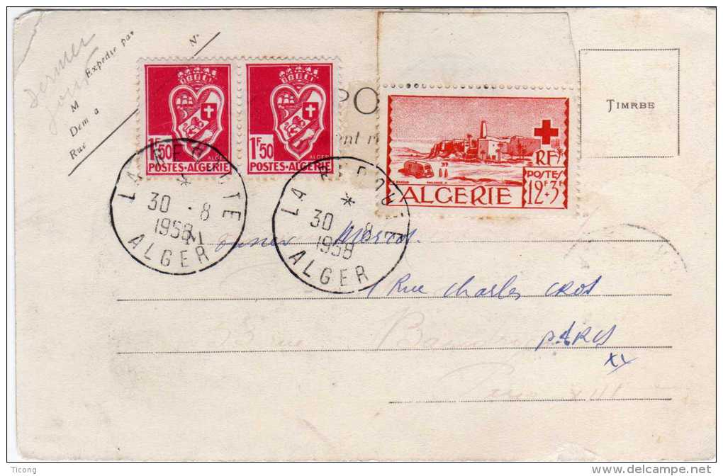 ALGERIE TIMBRES CROIX ROUGE ET BLASONS  NOTEE DERNIER JOUR  LA REDOUTE  1958 - RUE DE LA...  A VOIR - Storia Postale