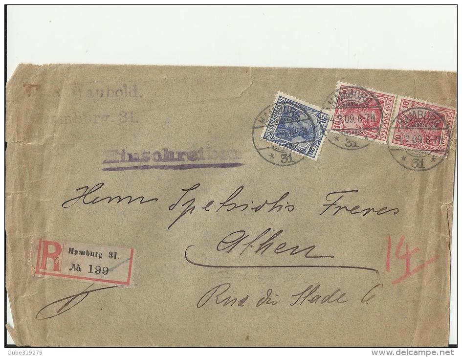 GERMANY 1909 - COVER REGISTERED FROM  HAMBURG TO ATHENS - GREECE W 3 STS: 2 OF 10-1 OF 20 PF POSTMARKED HAMBURG FEB 4 , - Briefe U. Dokumente