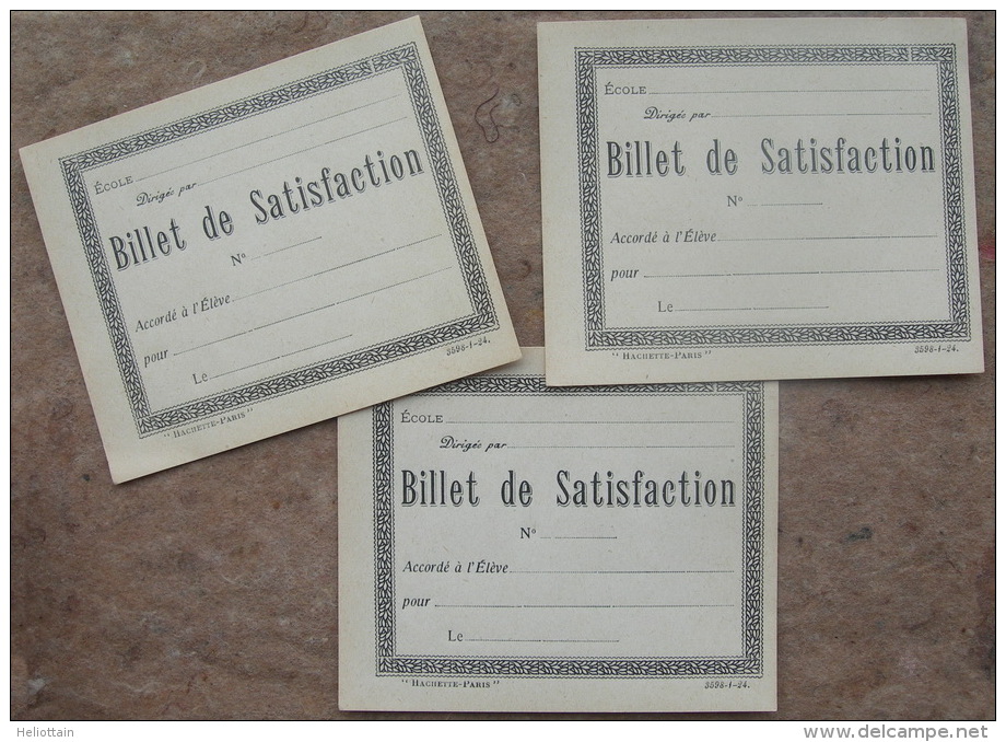 SCOLAIRE : BILLET DE SATISFACTION Lot De 3 / Vierge Et Neuf D´ époque " HACHETTE - Diplome Und Schulzeugnisse